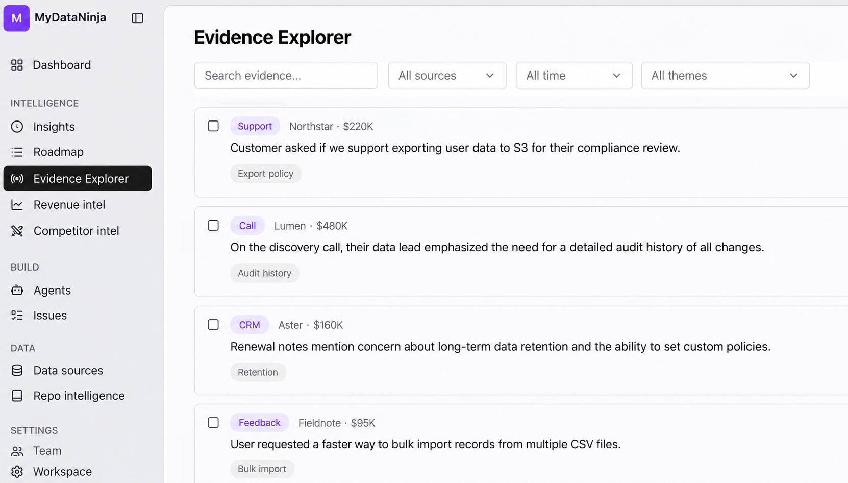 Illustrative MyDataNinja Evidence Explorer interface